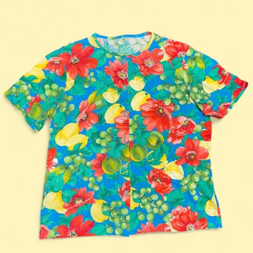 Vintage 90s Fruit Floral Button Up Shirt Blue Grandmacore tropical Hawaii cruise